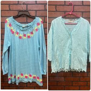 Soft Surroundings Teal Embroidered Peasant Top M & Cotton Top Aqua M Lot EUC